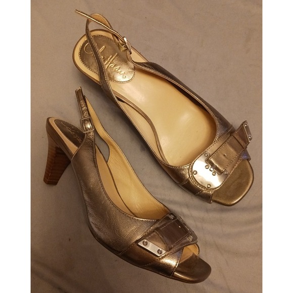 Cole Haan Gold Buckle Open Toe Slingback Kitten Heels, Size 7 - Picture 1 of 8
